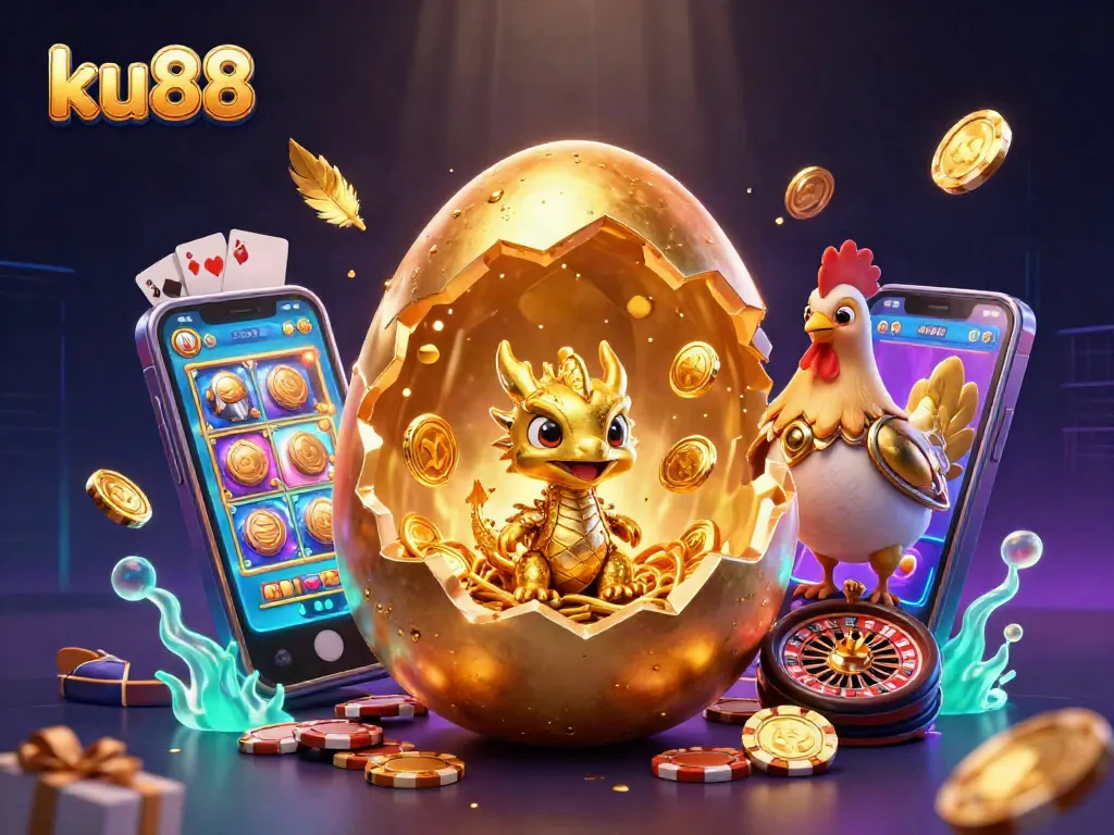 Experience the magic of ku88 with a golden dragon and poker chips in a vibrant casino scene.