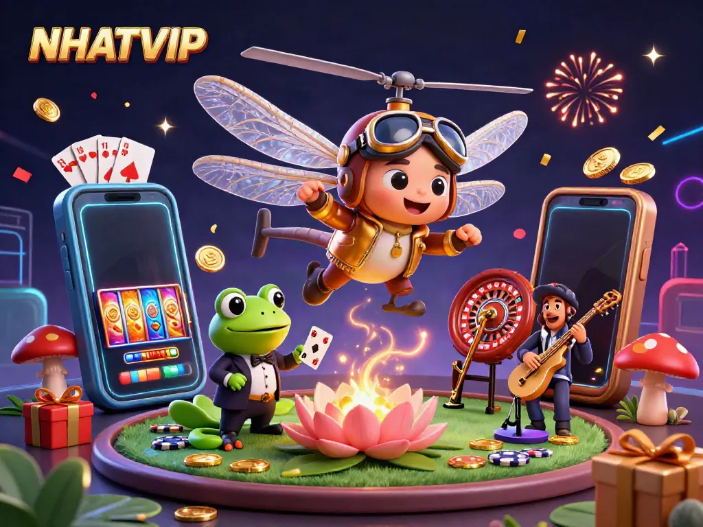 Experience the vibrant NHATVIP gaming scene with a dragonfly pilot and a frog croupier in action.