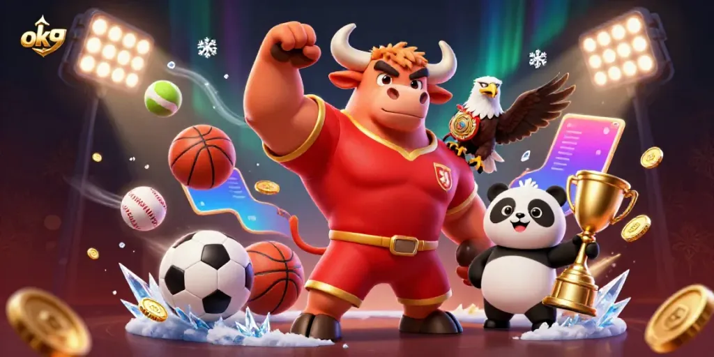 Experience thrilling sports betting with ok9 as a muscular bull mascot celebrates victory surrounded by energetic game elements.