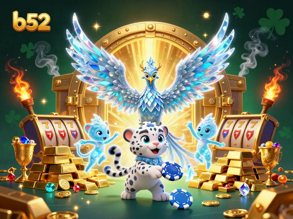 Engage with b52-themed icy casino adventure featuring colorful characters and dazzling gold elements.
