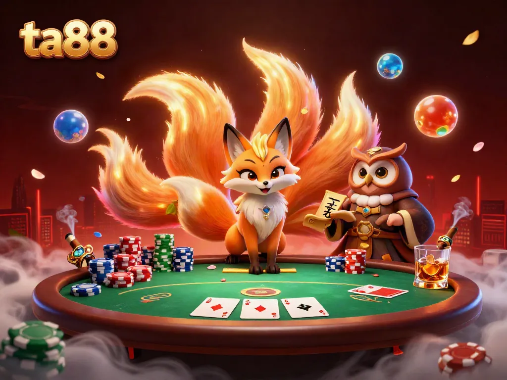 Experience ta88 with a vibrant 3D scene featuring a glowing nine-tailed fox and poker elements.