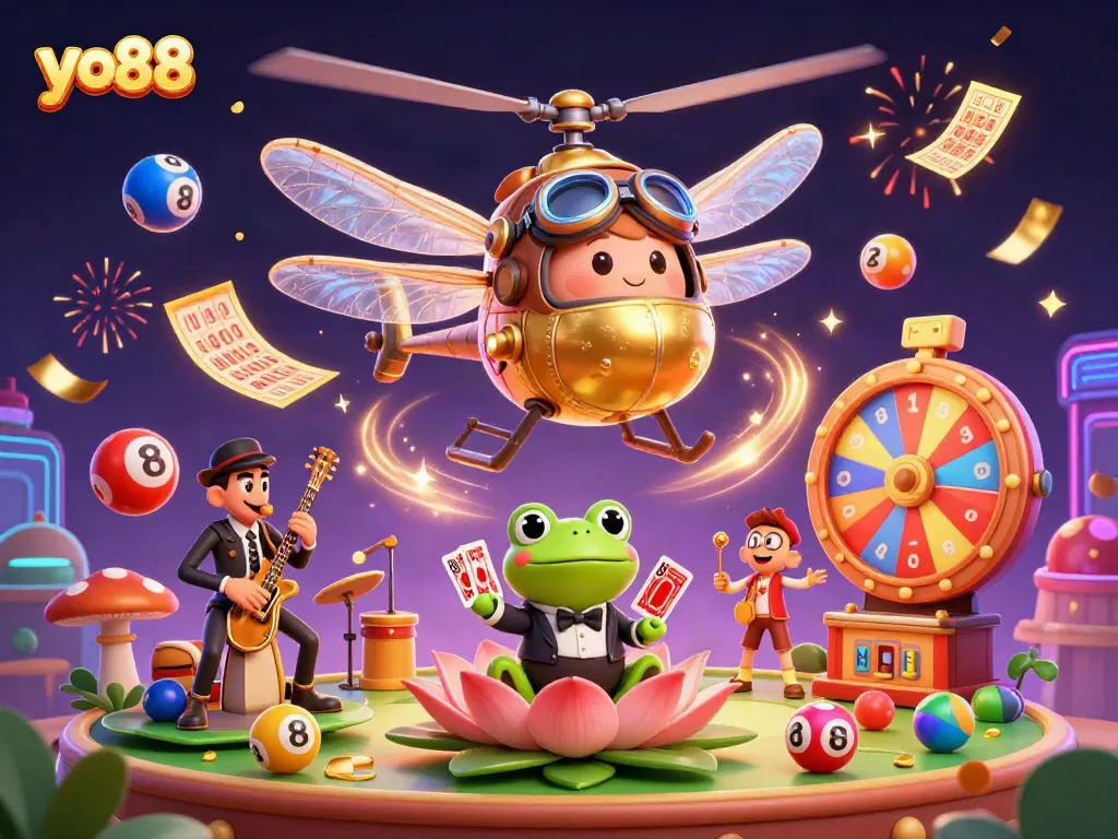 Experience excitement with yo88 as a dragonfly pilot and frog croupier animate a vibrant casino scene.