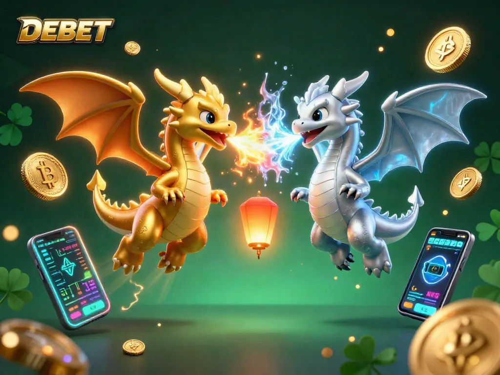 Experience excitement with DEBET as dragons battle and crypto elements surround a vibrant casino scene.
