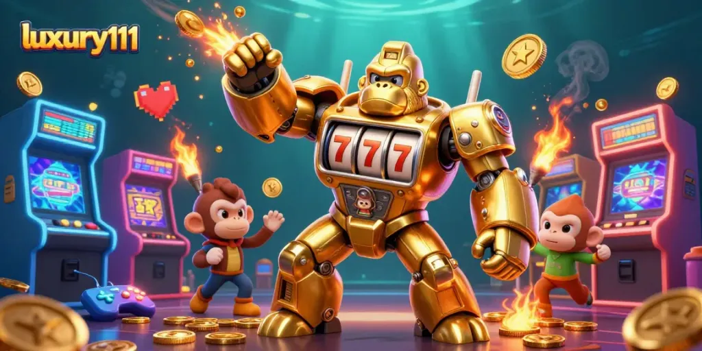Experience the thrill of luxury111 with a golden gorilla mech smashing jackpots in vibrant casino action.
