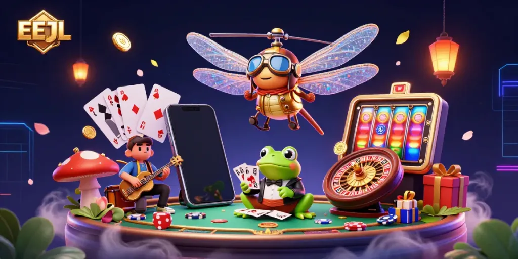 Experience vibrant EEJL online casino fun with a cartoon dragonfly pilot and frog dealer amidst dynamic gaming elements.