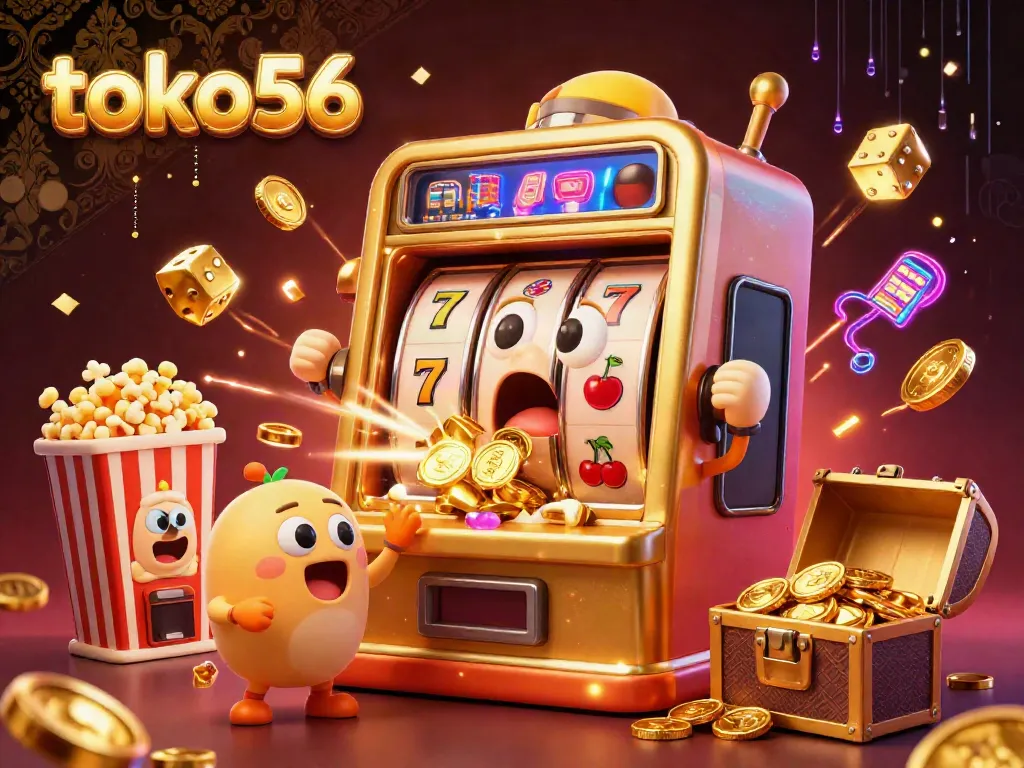 Experience exciting wins with toko56’s golden slot machines and jackpot explosions in this vibrant casino illustration.