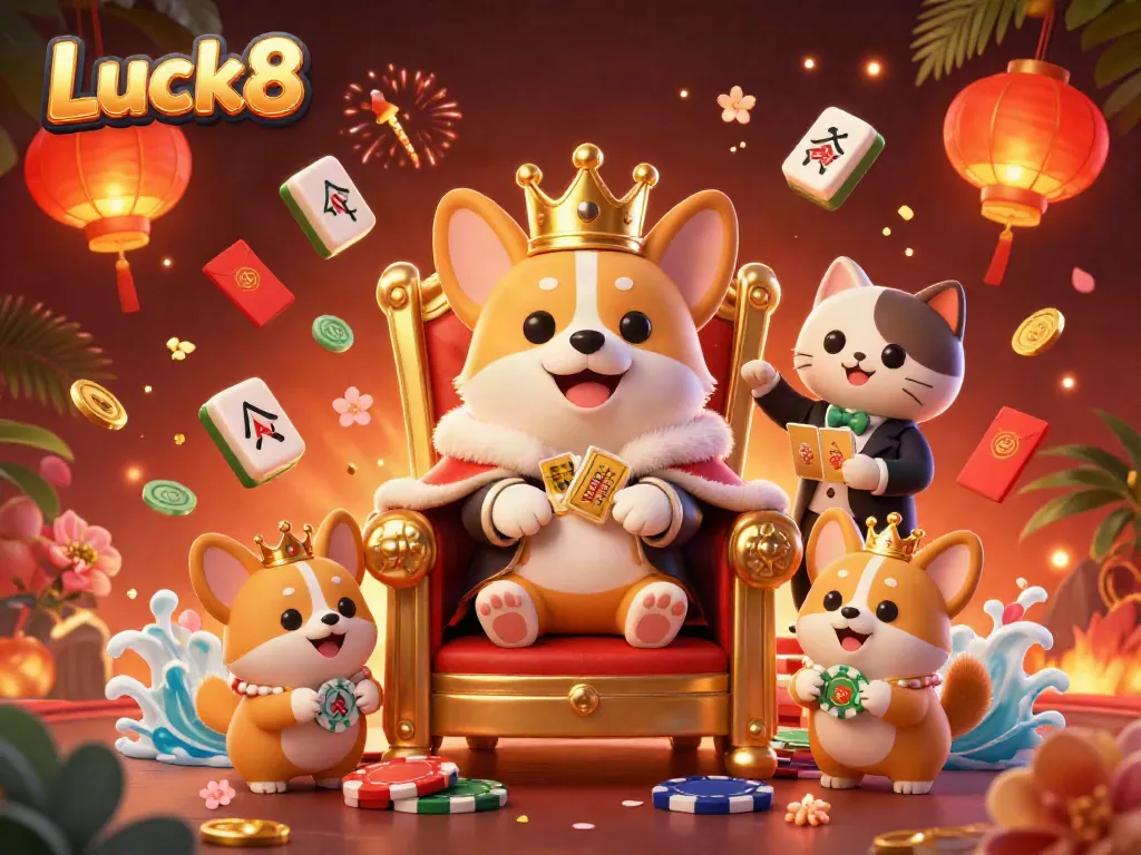 Luck8 showcases a royal corgi on a throne with poker chips, surrounded by vibrant casino elements.