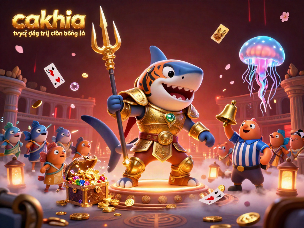 Cakhia tv trực tiếp trực tiếp bóng đá showcases an underwater scene with a gladiator shark, treasure, and dynamic gaming elements.