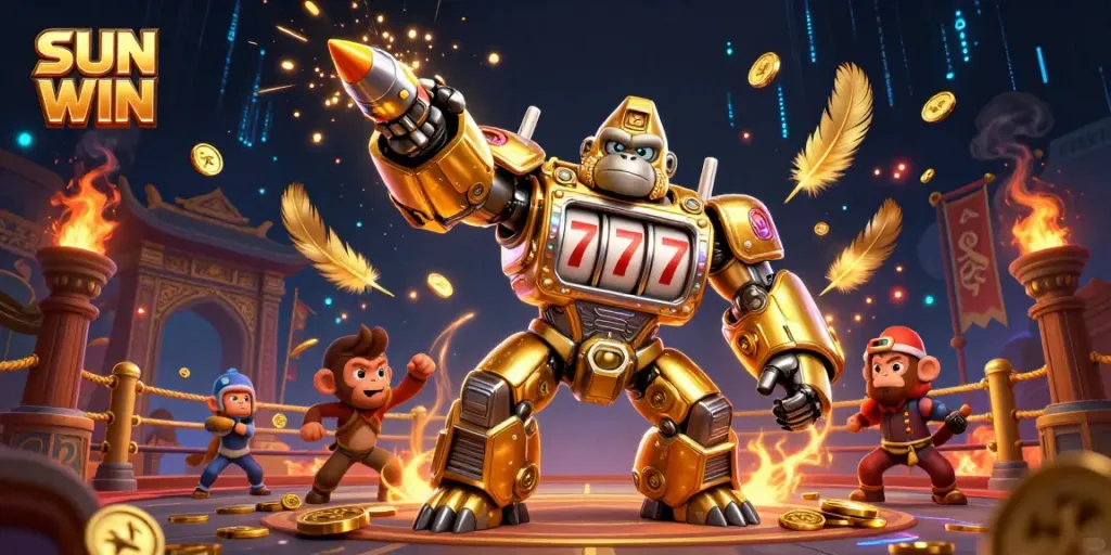 Battle with the SUN WIN mech gorilla in a vibrant casino scene filled with gold coins and gaming elements.