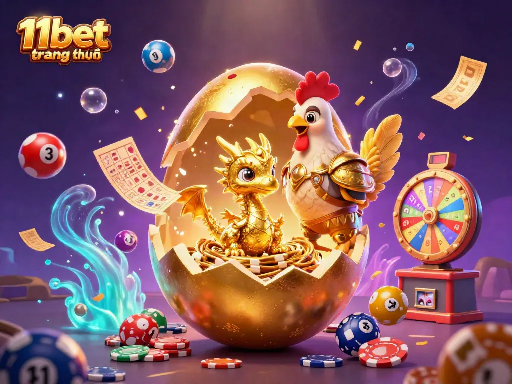Experience the magic of 11bet trang chủ with a vibrant 3D illustration showcasing a golden dragon and casino elements.