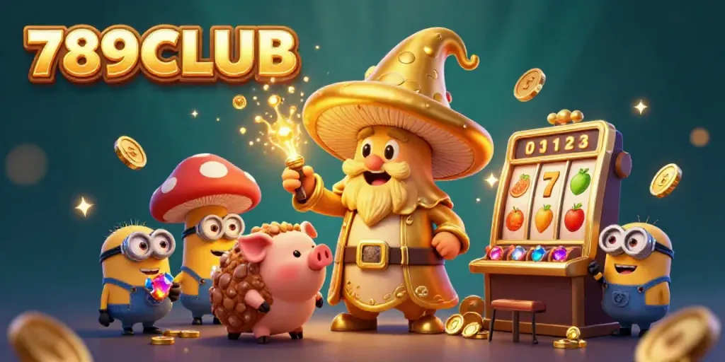 Experience the magic of 789CLUB with a golden mushroom wizard in a vibrant casino setting filled with slots and treasure.