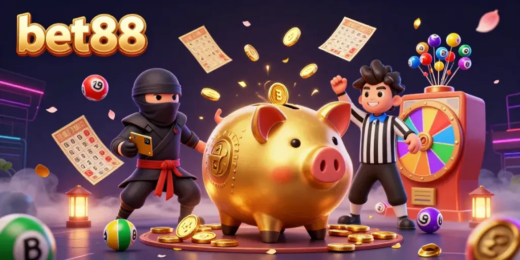Engage with the dynamic bet88-themed scene featuring a golden piggy bank sumo wrestler and colorful lottery elements.