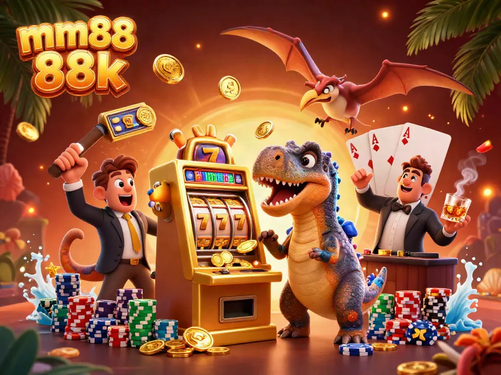 Experience vibrant MM88 88k thrills with a dinosaur-themed casino scene bursting with jackpots.