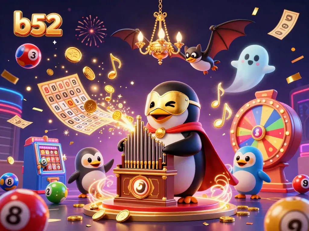 Experience the vibrant casino scene with b52, where a penguin plays an organ showering coins amidst lottery excitement.