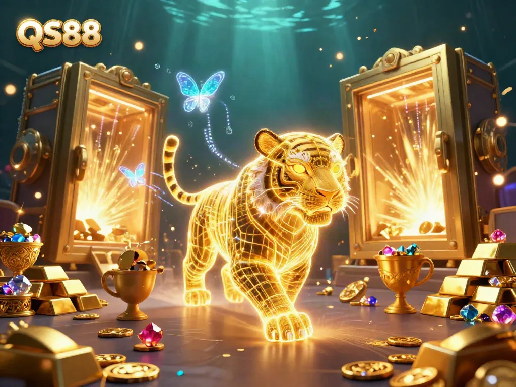 Experience thrilling gameplay at QS88 with a golden tiger in a vibrant casino scene surrounded by treasures.