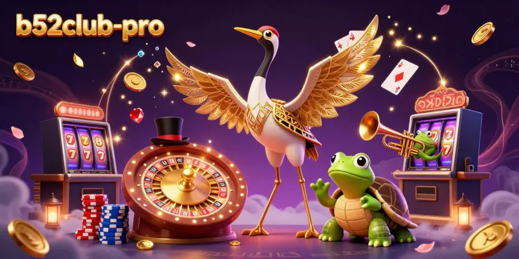 Experience the thrill of gaming with b52club-pro in vibrant 3D cartoon art, showcasing a lively casino scene.
