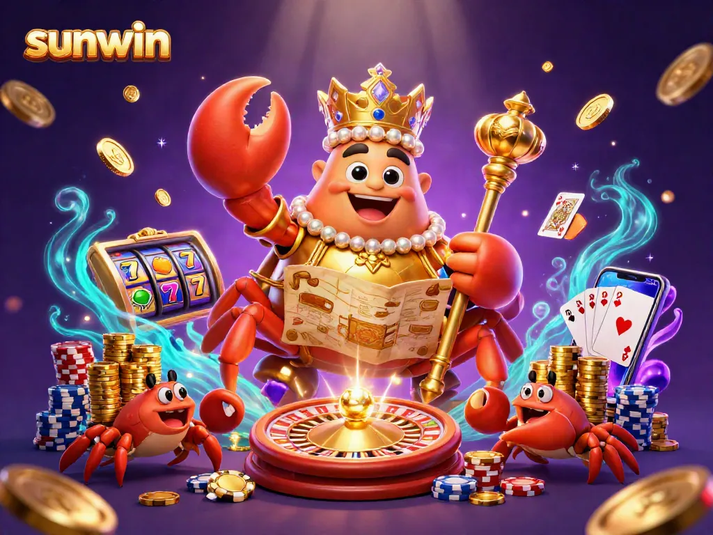 Experience the excitement of sunwin with a golden crab emperor amidst a vibrant casino scene.