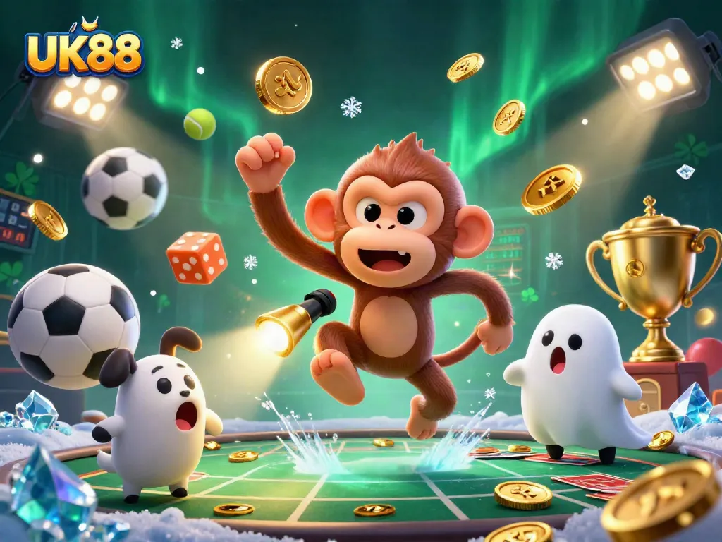 Experience thrilling action at UK88 with a mischievous poltergeist monkey and a curious ghost-hunter puppy in an elaborate casino.