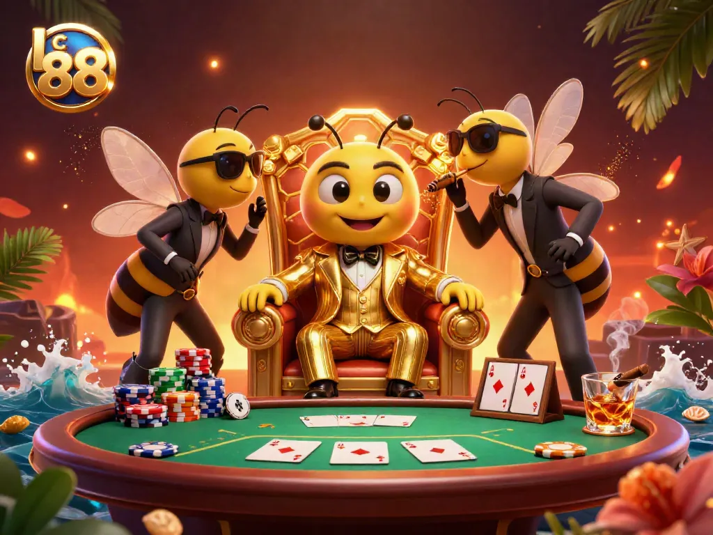 Experience lc 88's lively poker scene with a bumblebee mob boss and chips flying around.