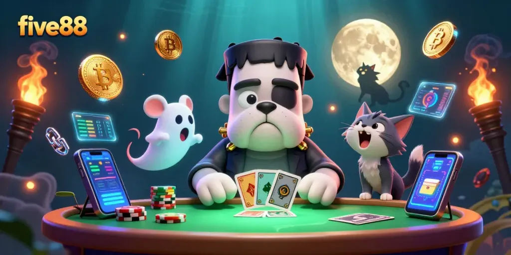 five88 casino experience with Frankenstein bulldog dealing cards at a spooky green table.