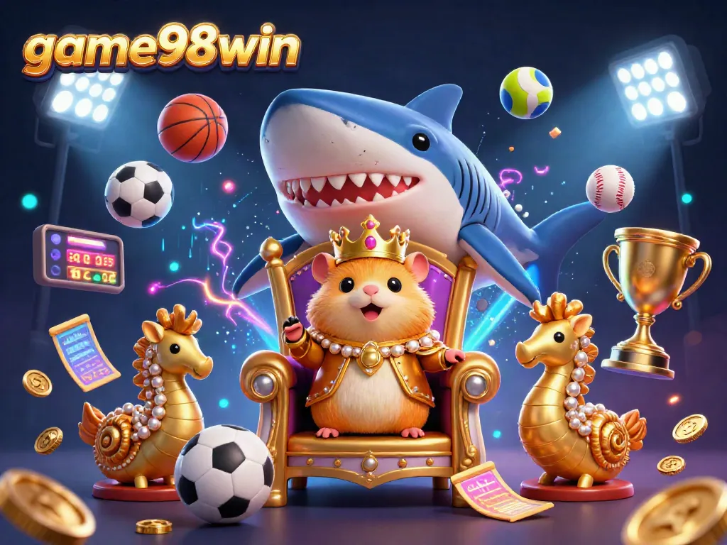 Experience game98win with a vibrant 3D scene showcasing a golden hamster king in a unique gambling environment.