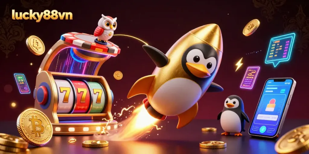 Experience thrilling gameplay with lucky88vn’s vibrant casino illustration featuring a golden penguin racing towards a poker chip station.