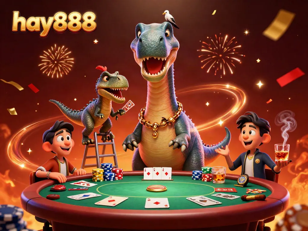 Experience thrilling poker moments with hay888 as a brontosaurus reigns over a casino scene.