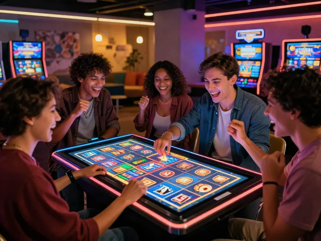 Friends celebrating a big win on a slot game in a modern casino setting.