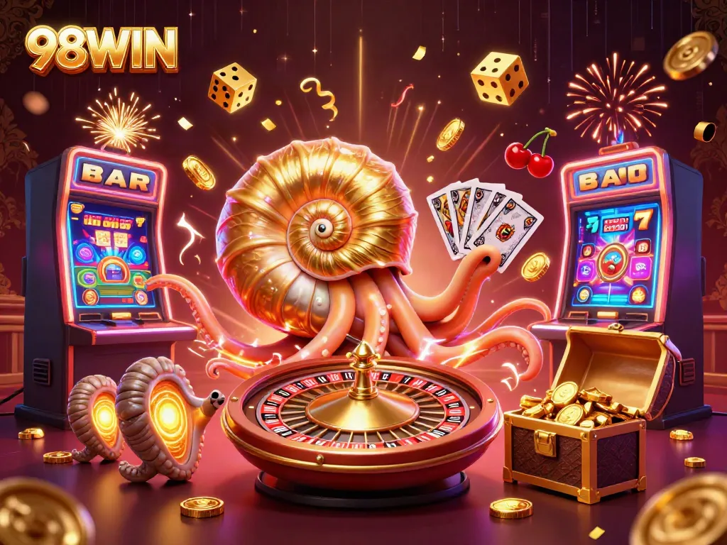 Experience thrilling gaming at 98WIN with a vibrant 3D casino scene featuring a giant nautilus and jackpot elements.