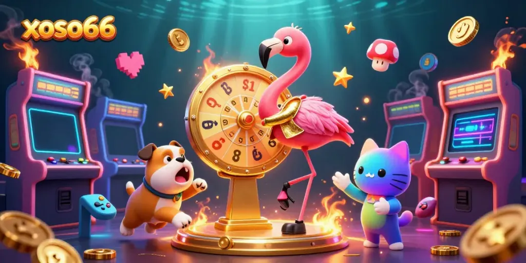 Engaging xoso66 scene with flamingo host, bulldog contestant, and colorful gaming elements.