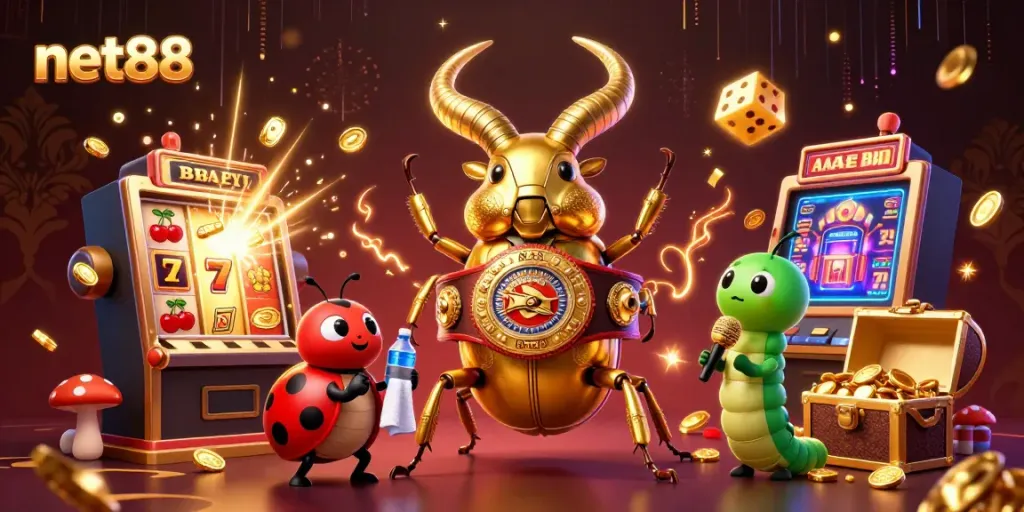 Engage in thrilling gameplay at net88 with a vibrant 3D casino scene featuring unique characters and exciting game elements.