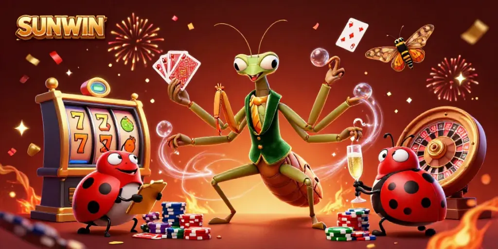 Participate in an exciting SUNWIN casino scene with vibrant characters and interactive game elements.