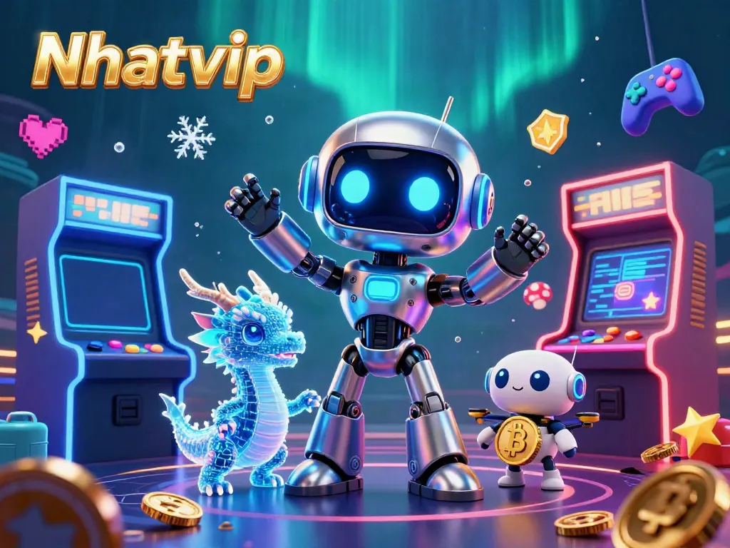 Nhatvip showcases a vibrant cyberpunk casino scene filled with interactive game elements and rich details.