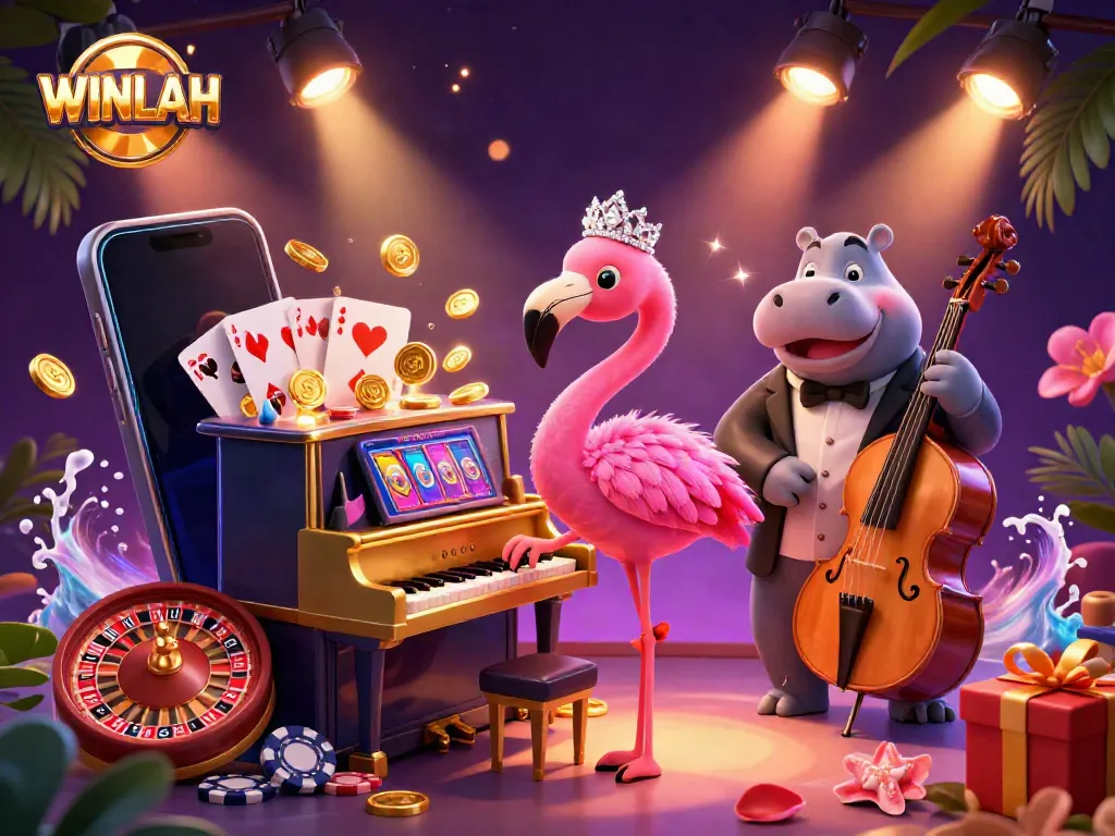 Experience vibrant gameplay at WINLAH with a lively casino lounge featuring colorful slot games, a flamingo singer, and live music.