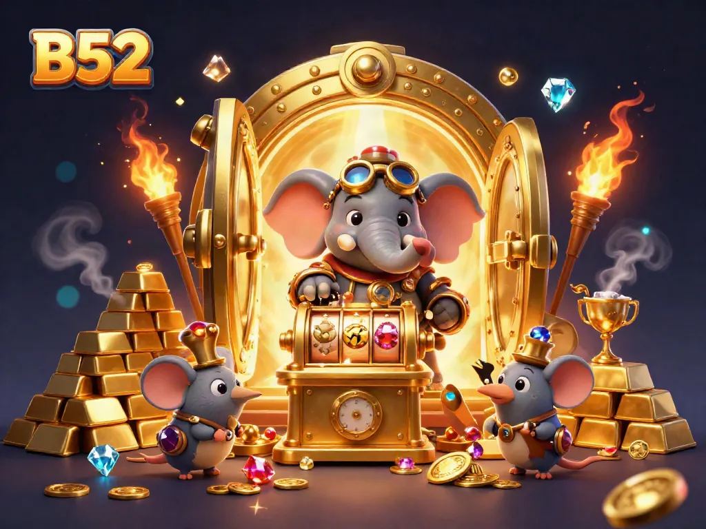 Spin the B52 slot machine with steampunk characters in a dazzling treasure vault scene.
