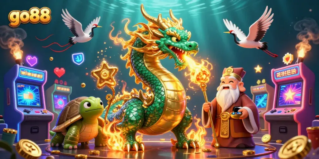 Experience the excitement of go88 with a vibrant 3D illustration featuring dragons, turtles, and casino elements.