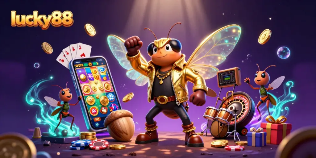 Experience thrilling wins at lucky88 with our vibrant casino-themed 3D illustration showcasing dynamic gaming elements.