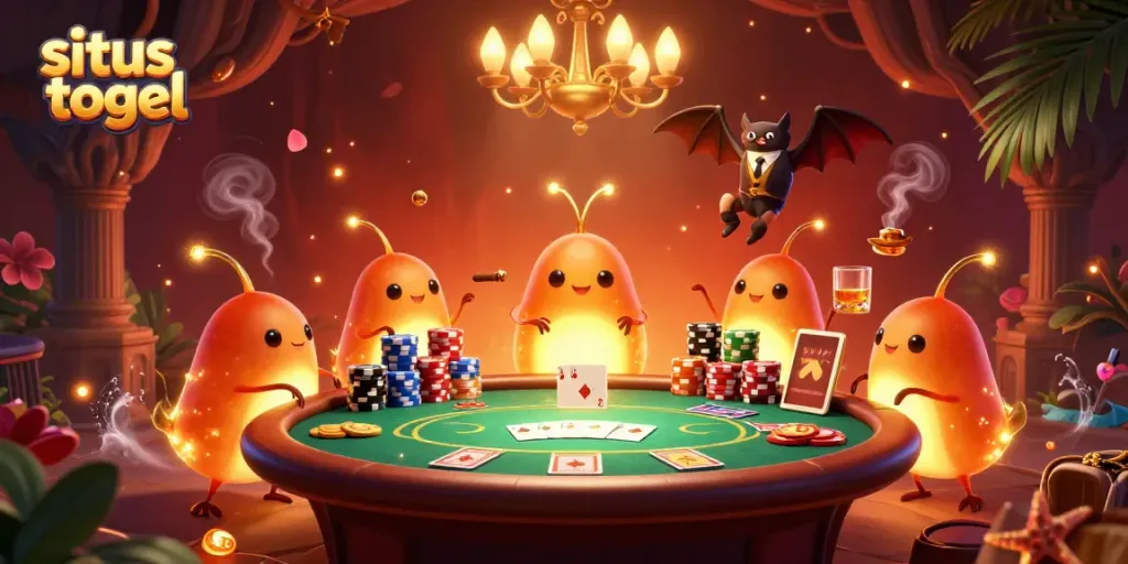 Engage in situs togel with vibrant glowworms lighting a cave casino, showcasing colorful poker elements.