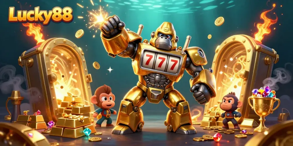 Engage in thrilling gameplay at Lucky88, featuring a striking golden gorilla mech surrounded by treasures and casino elements.