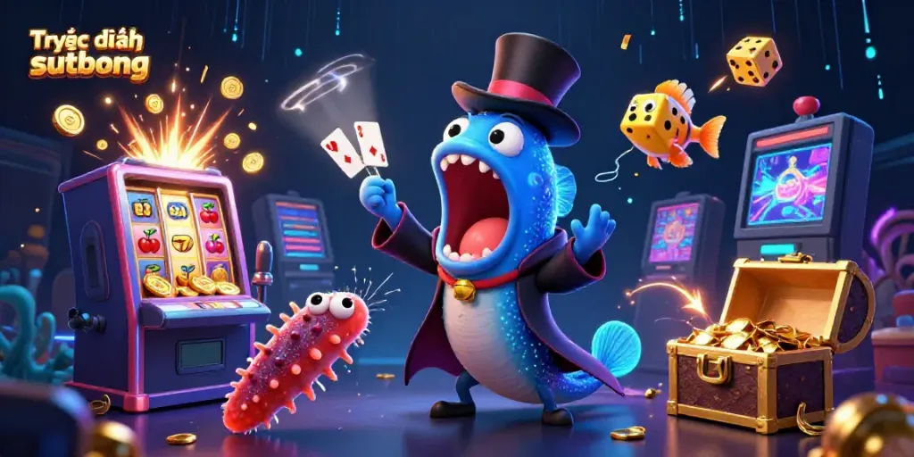 Trực tiếp bóng đá sutbong features a lively 3D scene of a gulper eel magician performing tricks surrounded by vibrant casino elements.