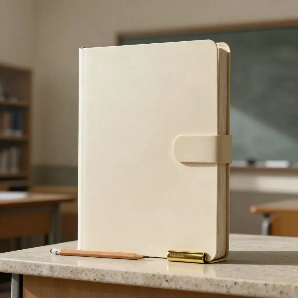 Kremowy plan lekcji dla nauczycieli, stojący folder i mosiężny klips na jasnym postumencie.