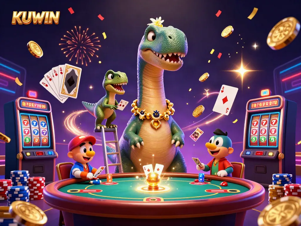 Experience the excitement at KUWIN with dynamic casino elements and vibrant 3D characters!