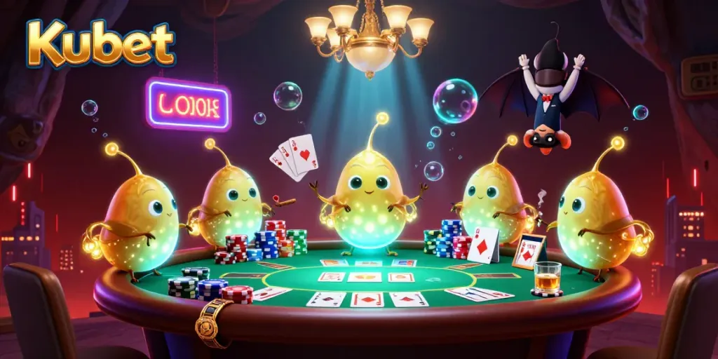 Kubet glowworms illuminate a vibrant cave casino, showcasing high-stakes poker excitement.