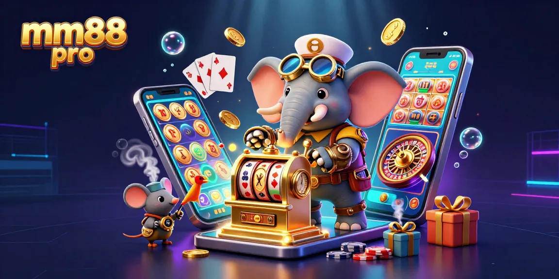 Play vibrant slot games with mm88 pro, featuring a steampunk elephant and dynamic casino elements.