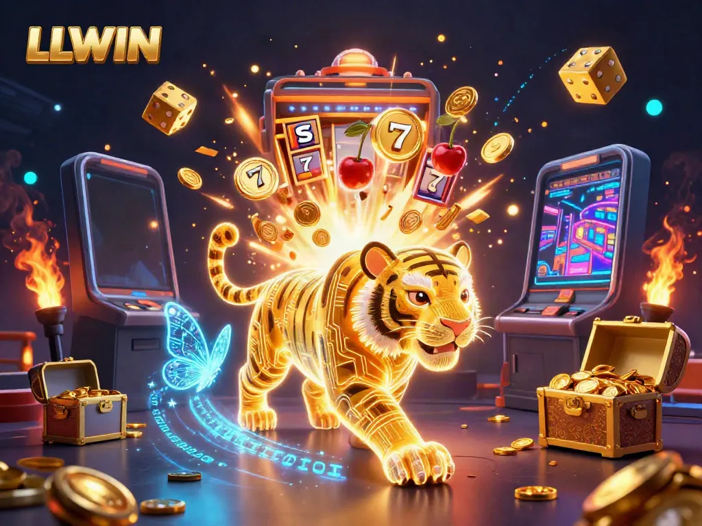 Experience the dynamic energy of LLWIN in a vibrant casino landscape with neon elements and jackpot bursts.