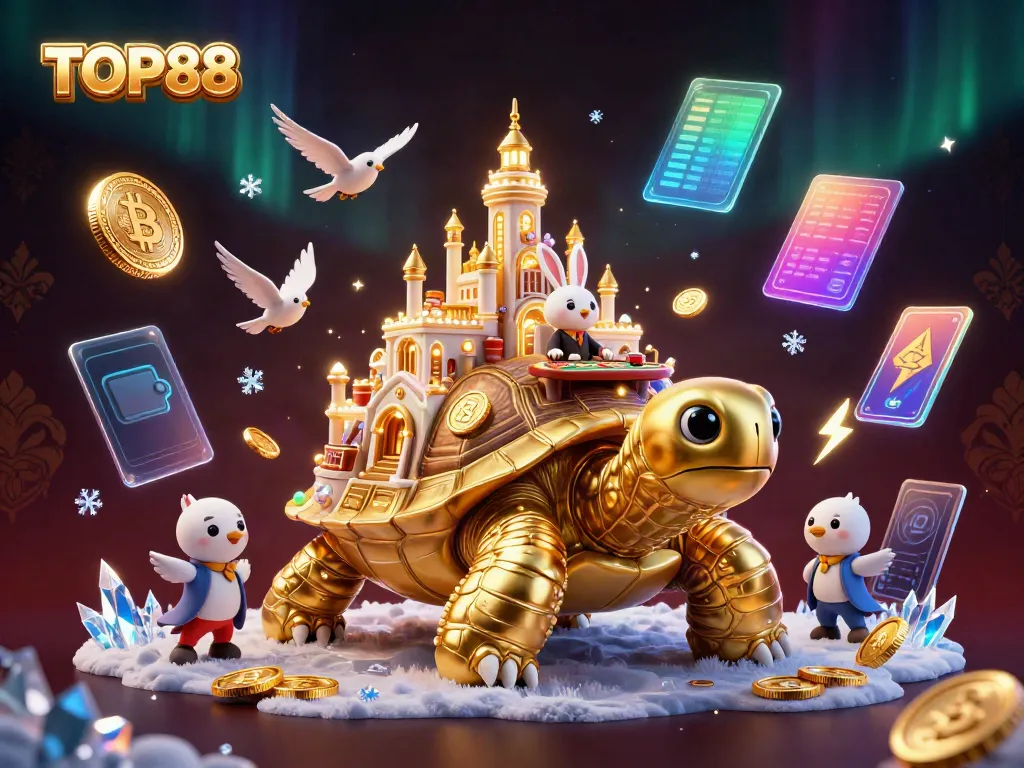 Engage in exciting casino games with TOP88, featuring a golden tortoise and a rabbit dealer in a vibrant scene.