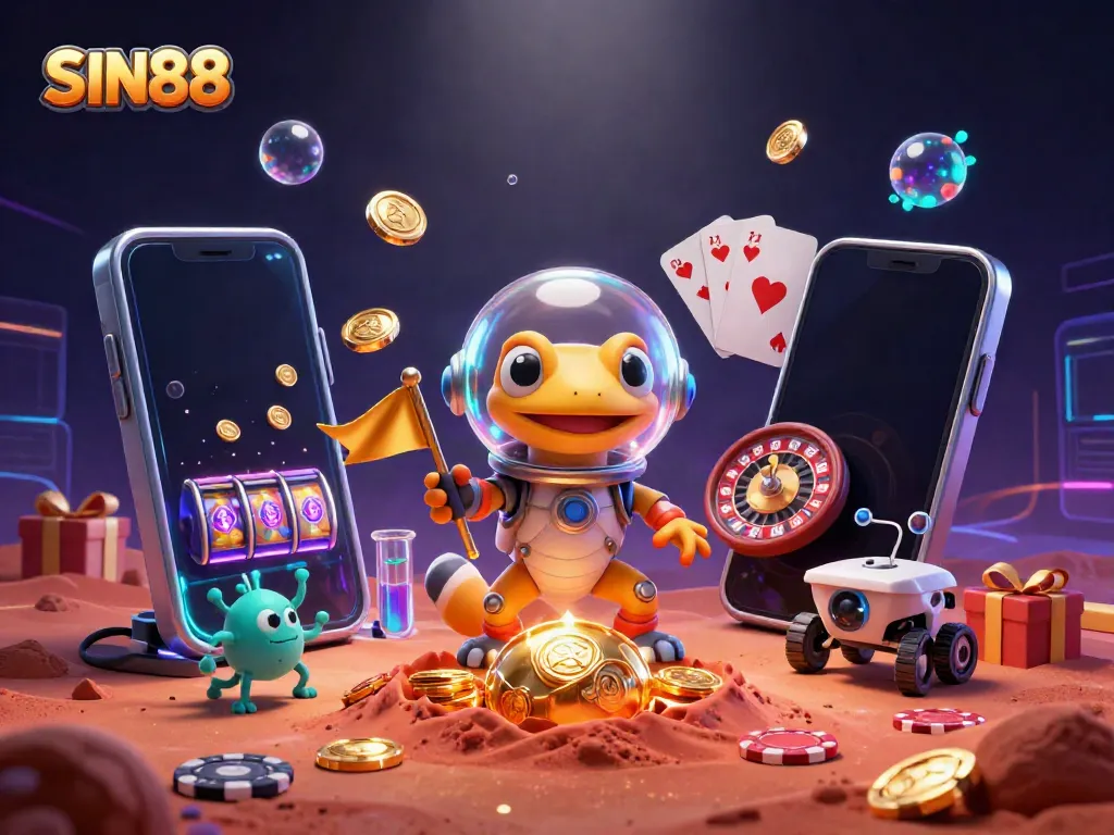 Experience the exciting world of SIN88 with a Martian gecko exploring a golden casino amidst vibrant game elements.