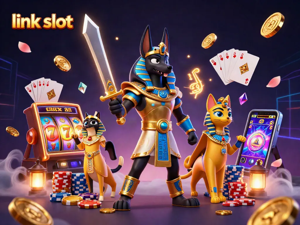 Experience link slot excitement with Anubis and Bastet amid dazzling casino elements.