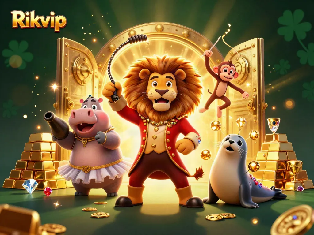 Experience the thrill of Rikvip's vibrant 3D casino scene featuring a lively ensemble of circus characters.