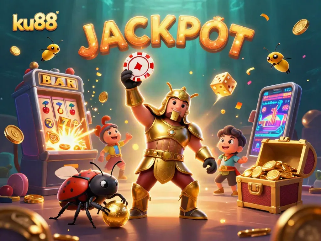 ku88 offers thrilling casino gameplay with a victorious beetle character amidst vibrant slot machines and jackpots.